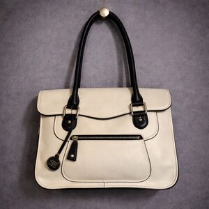 London Fog White and Black Structured Satchel w/ Embossed Snakeskin side panel